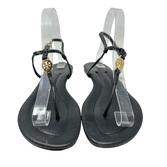 Tory Burch Emmy Thong Sandal Flat Logo Leather Black Gold Size US 7 - Picture 1 of 13